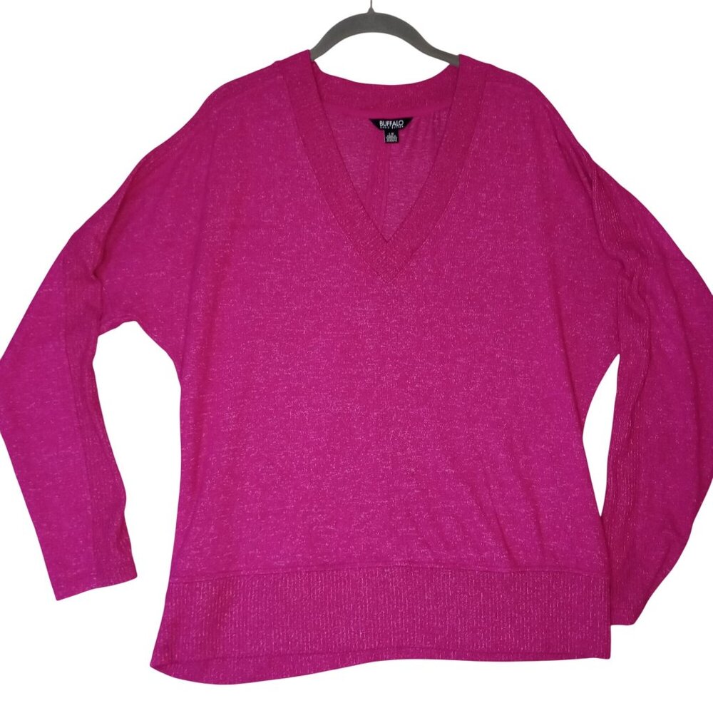 Buffalo David Bitton Womens L V-Neck Knit Sweater Fuchsia Poly/Viscose Blend